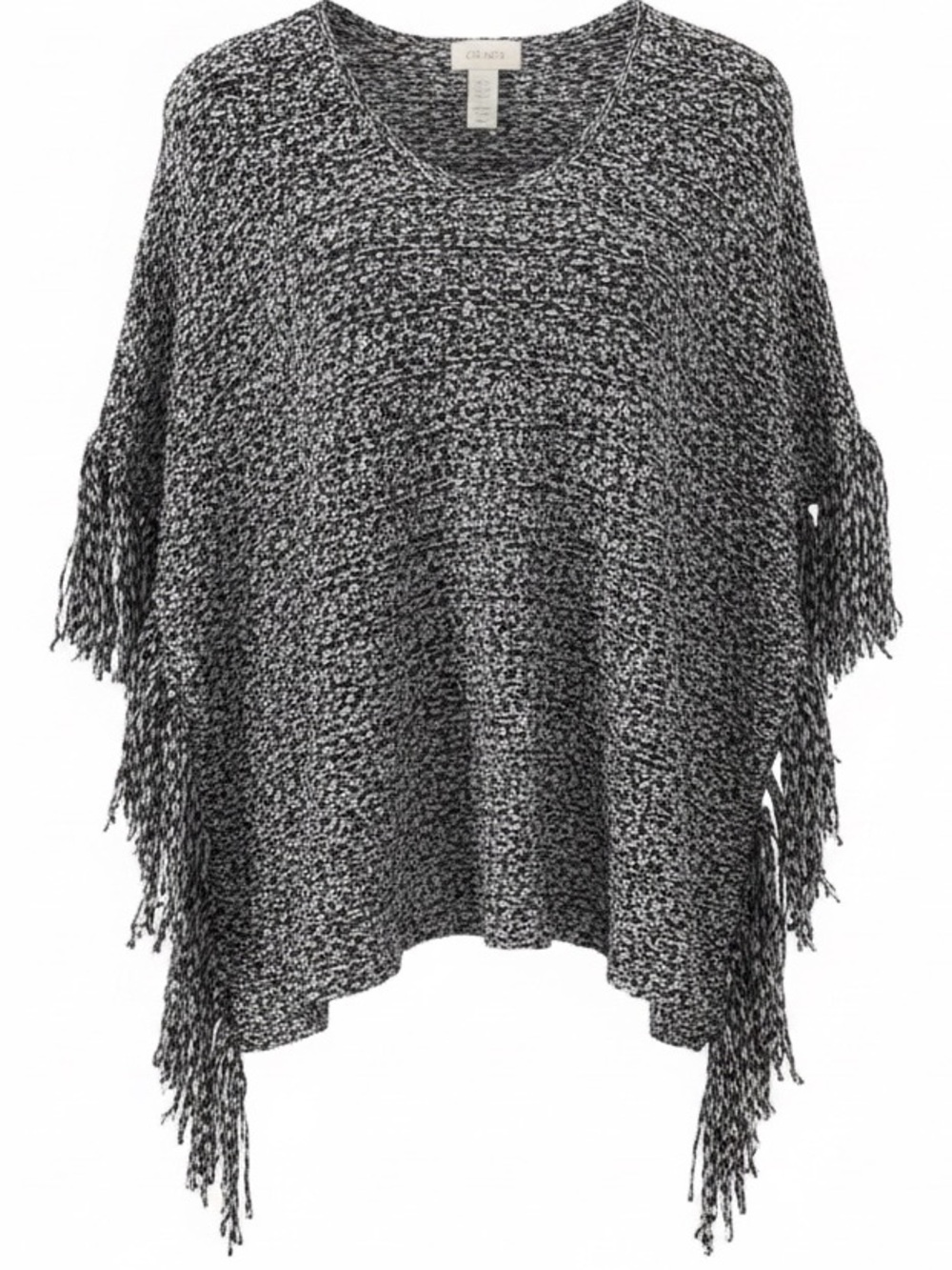 Chico’s Black & White Marled Knit Fringe Poncho Sweater OS